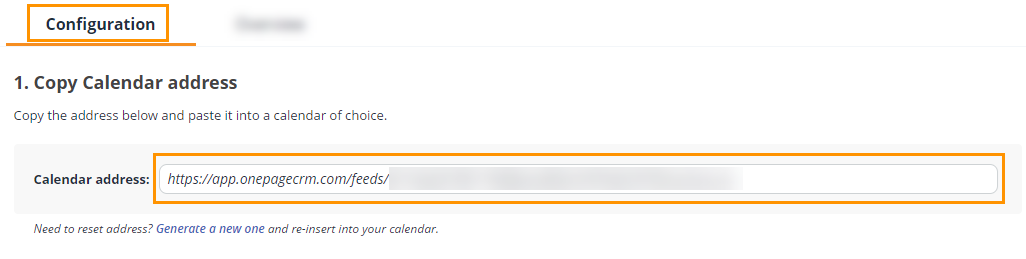 Calendar Feed l Configuration page l copy Calendar address