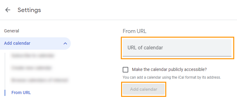 Add calendar settings l Add from URL l insert URL into provided field