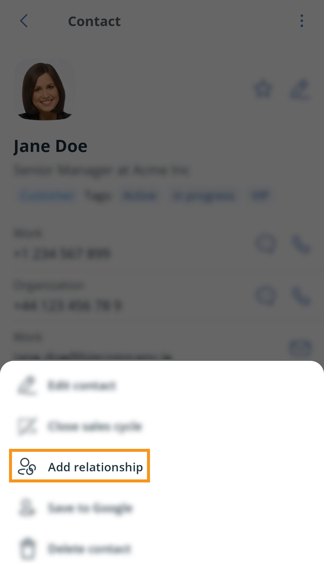 Android | Contact profile | 3-dot menu | Add relationship