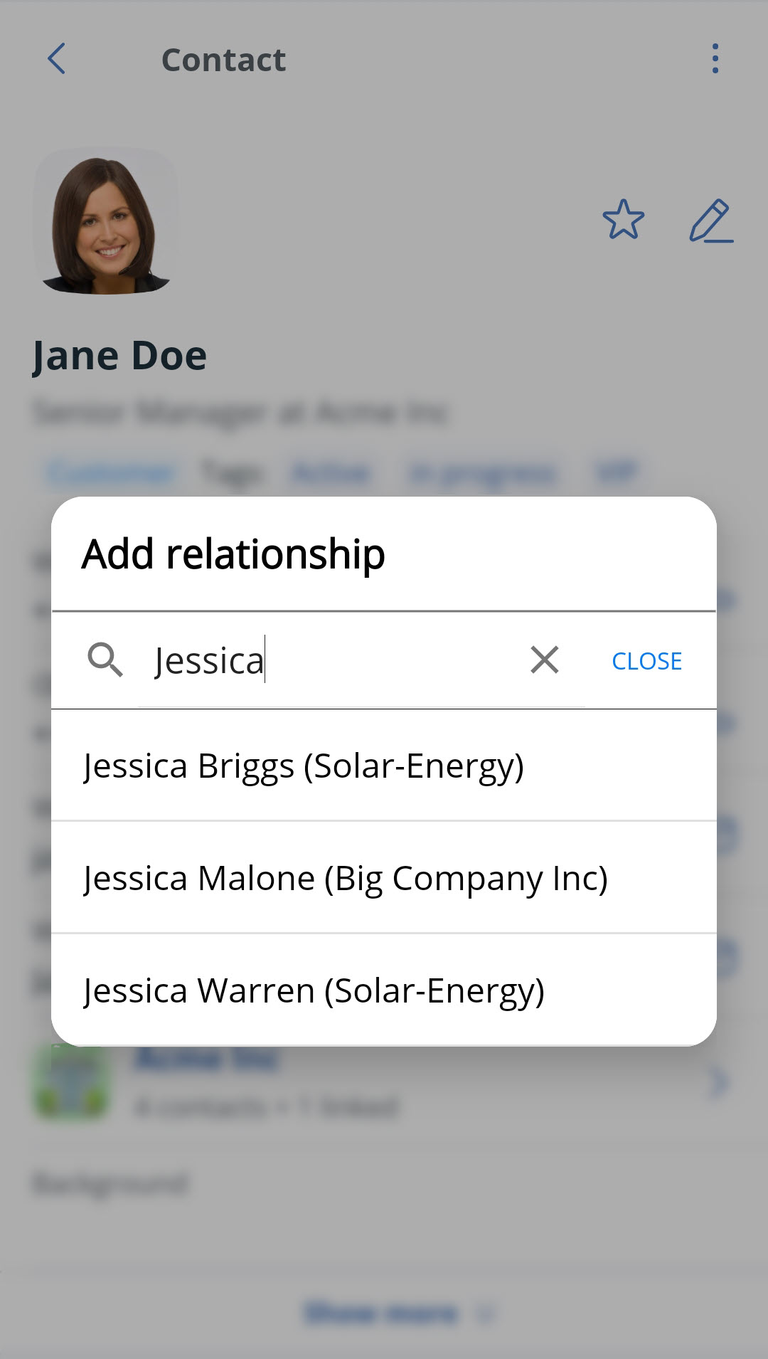 Android | Contact profile | 3-dot menu | Add relationship | Search contact