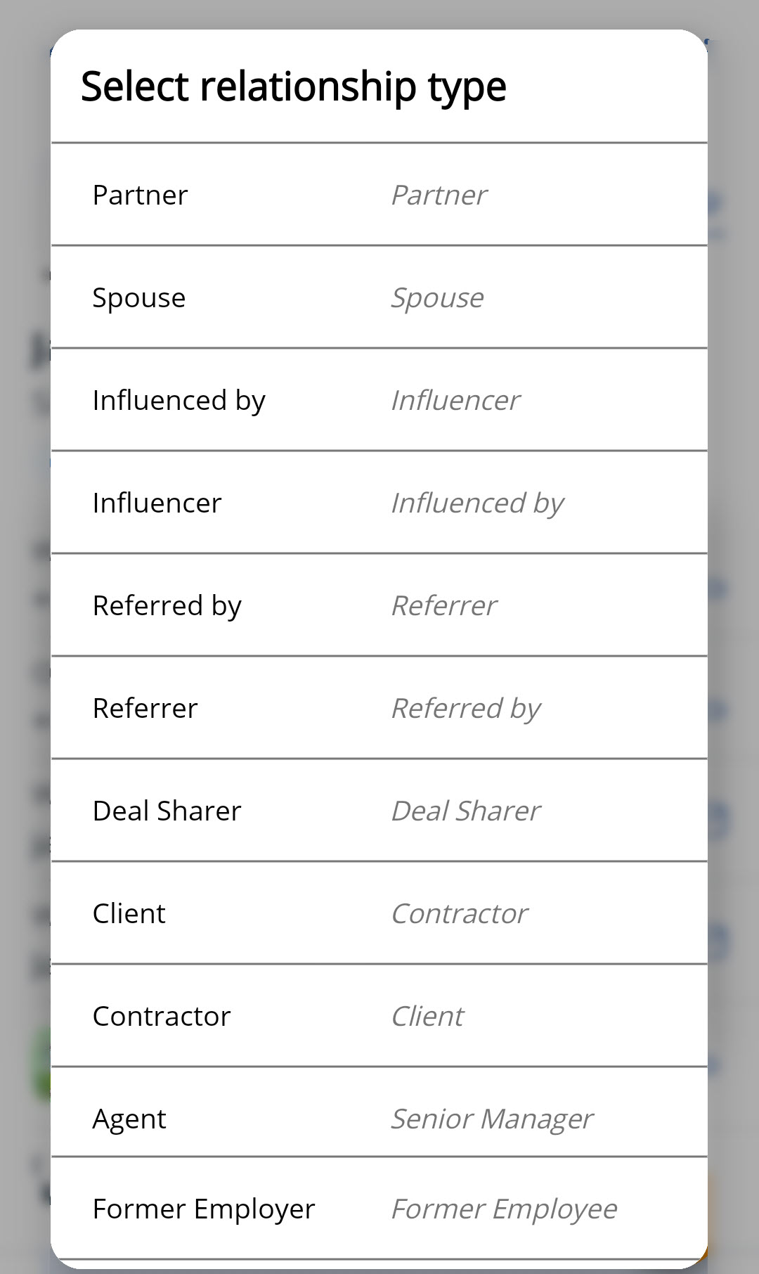 Android | Contact profile | 3-dot menu | Add relationship | Select relationship type