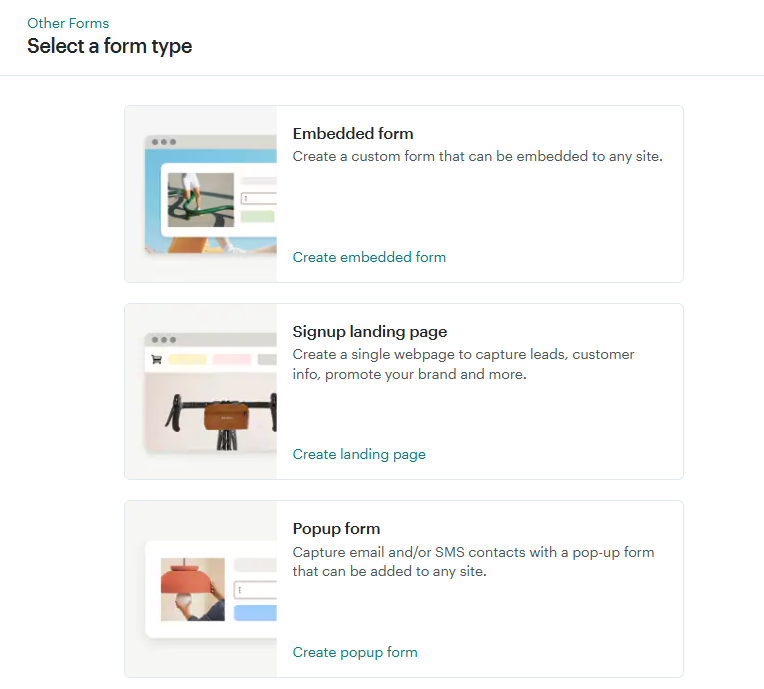 Mailchimp l Forms | Other forms l Create new form | Form type