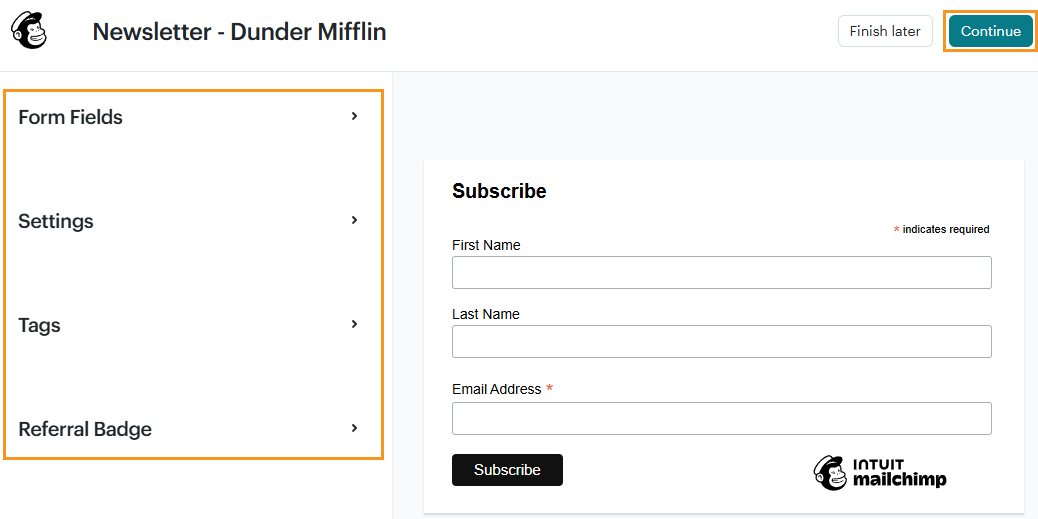 Mailchimp l Forms | Other forms l set up