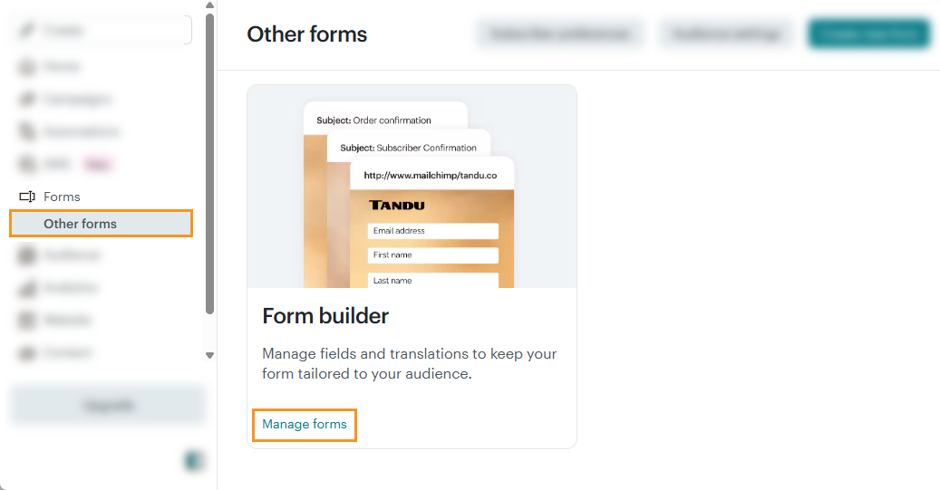 Mailchimp l Forms | Other forms l Form builder | Manage Forms