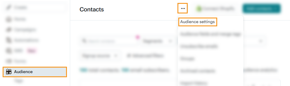Mailchimp | Audience | 3-dots menu | Audience Settings