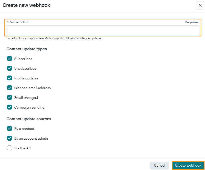 Mailchimp | Audience | Audience Settings | Manage webhooks | Create webhook
