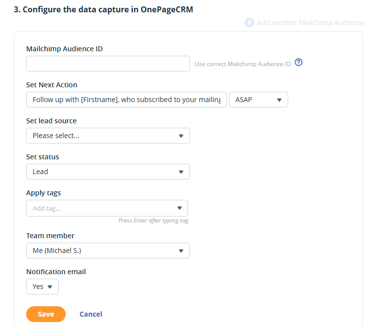 OnePageCRM l Mailchimp Forms l Step 3. Configure the data capture