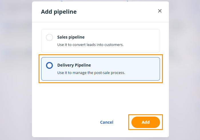 OnePageCRM | Pipeline | Add Pipeline pop-up window