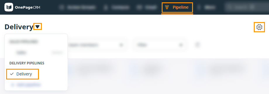 OnePageCRM | Pipeline | Delivery pipeline | Gear icon