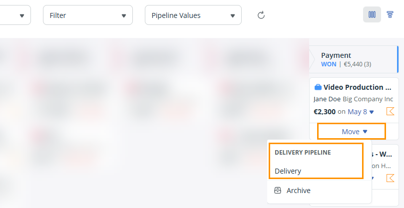 Pipeline | Won column | Move dropdown