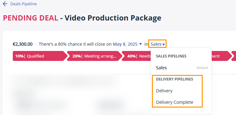 Pipeline | Edit deal | Pipeline dropdown