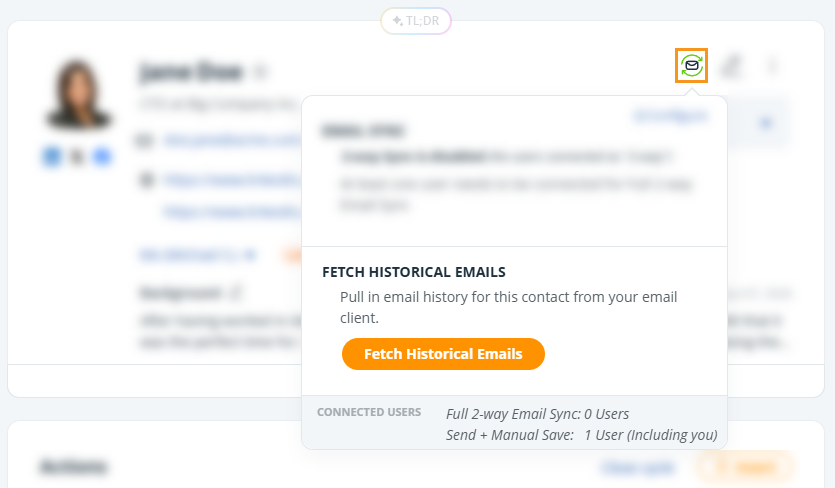 Contact | Email sync icon | Fetch Historical emails