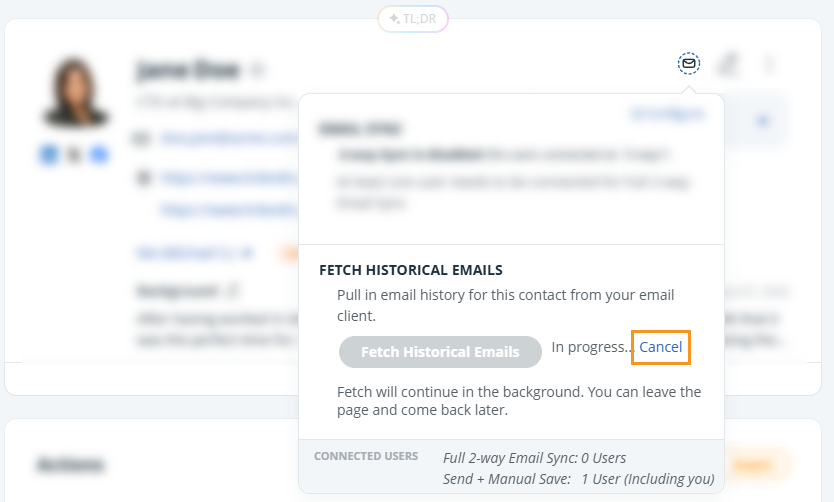 Contact | Email sync icon | Fetch Historical emails in progress
