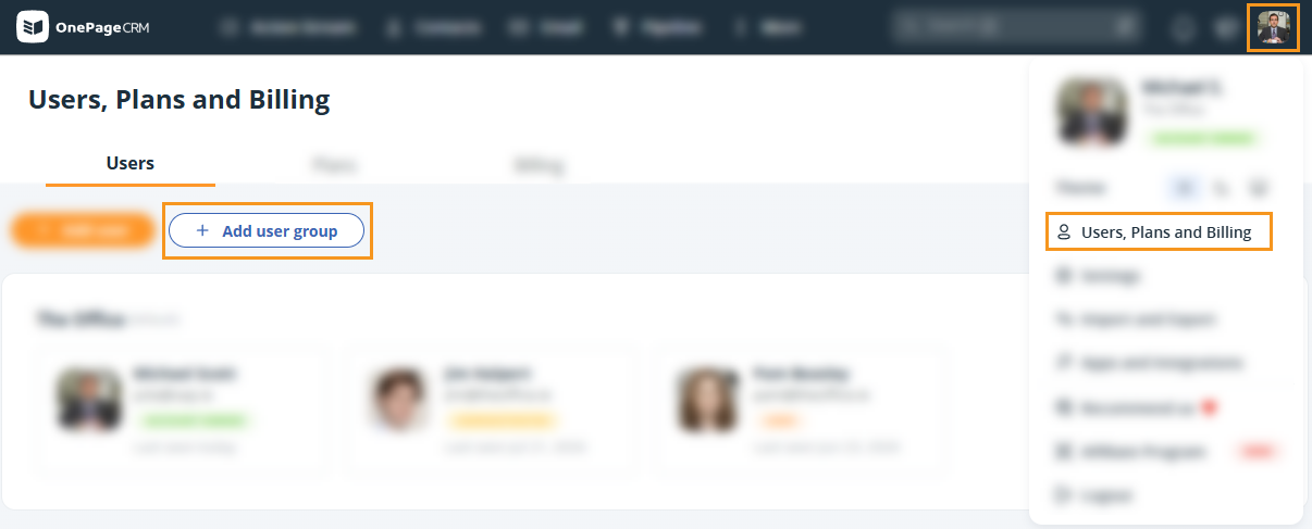 User, Plans and Billing Page | Users | + Add user group