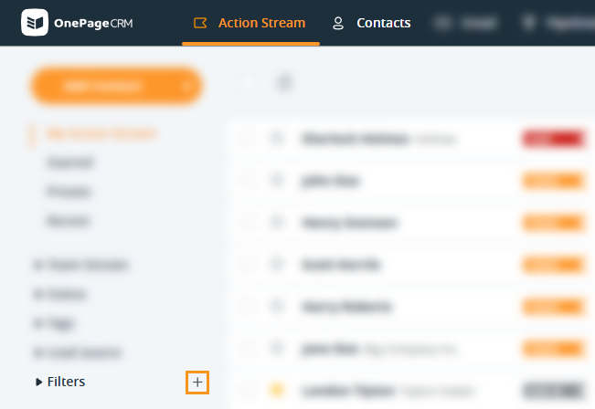 Action Stream | Filters | plus icon