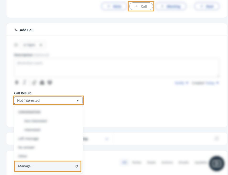 Contact | + Call | Call result dropdown
