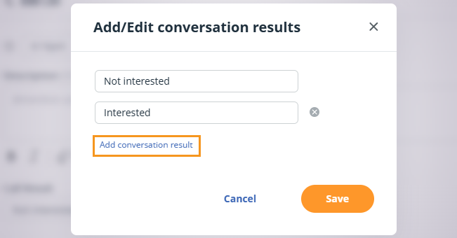 Manage Call results pop-up