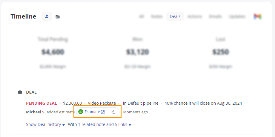 Contact Timeline | Deals | QuickBooks URL
