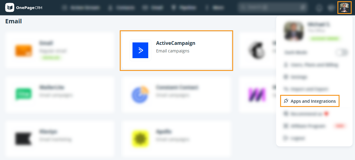 OnePageCRM l Apps and Integration page l ActiveCampaign