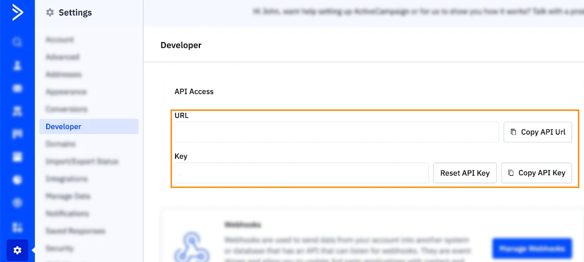 ActiveCampaign | Settings | Developer | API Url and Key