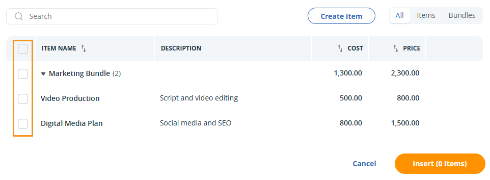 Contact page | Add deal | Insert items
