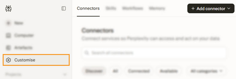 Perplexity | Customize | Connectors | +Add connector