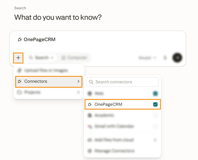 Perplexity | New Chat | Enable OnePageCRM connector