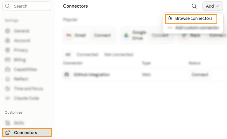 Claude | Customize | Connectors | Add | Browse connectors