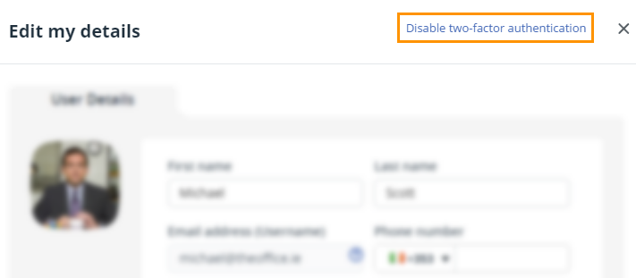 Users, Plans and Billing | Users | User profile | Disable two-factor authentication