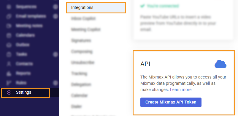 Mixmax | Settings | Integrations | Create Mixmax API token