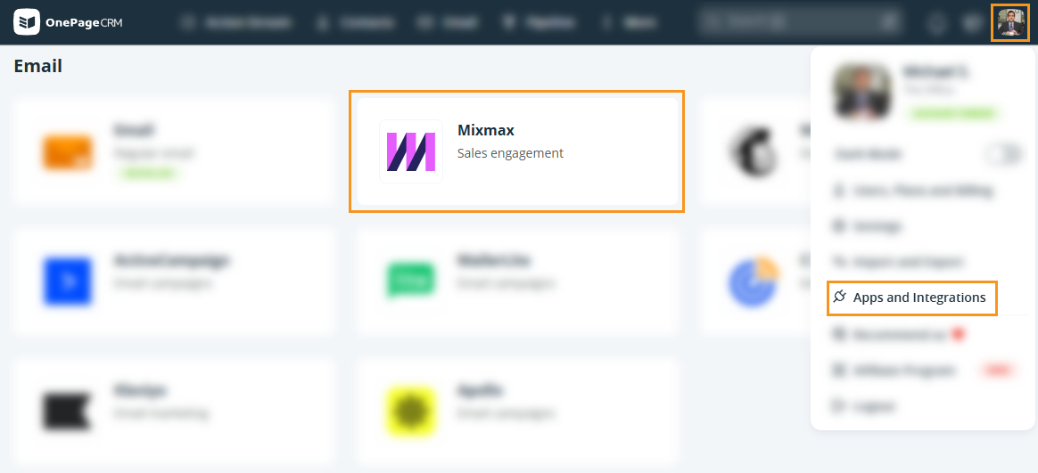 OnePageCRM | Apps and Integrations page | Mixmax
