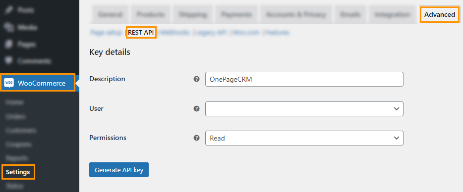 WordPress | WooCommerce | Generate new API Key
