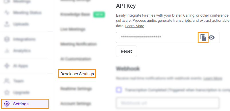 Fireflies.ai | Settings | Developer Settings | copy API Key