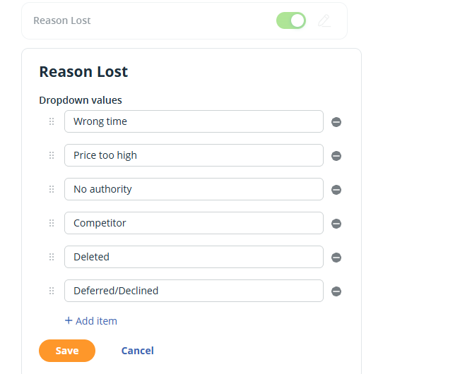 Deal Custom Field | Reason Lost | Edit reasons