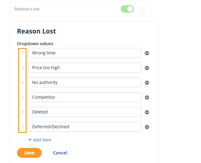 Deal Custom Field | Reason Lost | Drag 'n' Drop