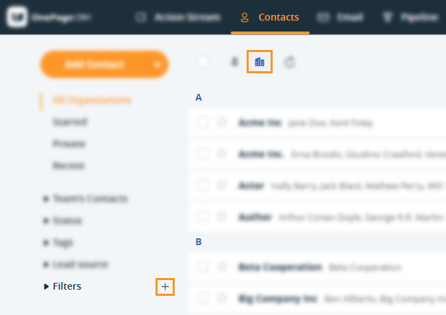 Contacts | plus icon Filters