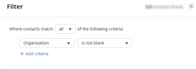 Filter | Organization + is not blank