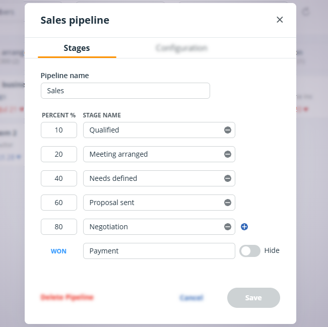 Pipeline | Gear icon | Deal stages