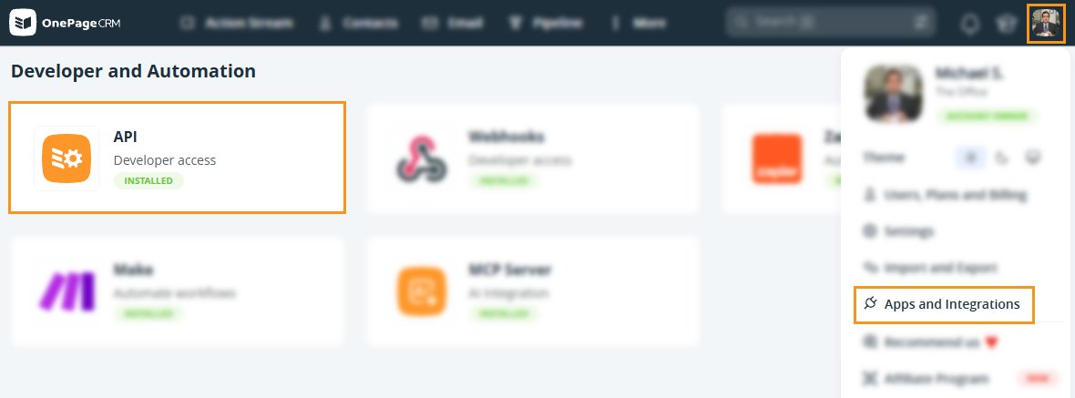 Apps and Integration page l API