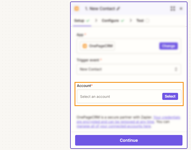 Zapier | Trigger event | Select Account