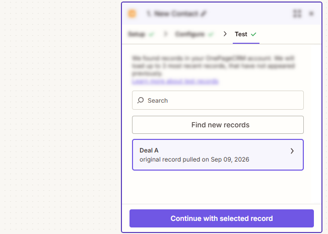 Zapier | Trigger event | Continue with test record