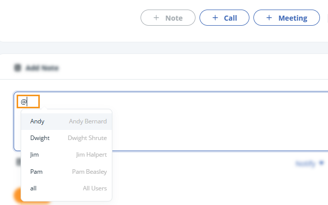 Contact | Notes | @ notify dropdown
