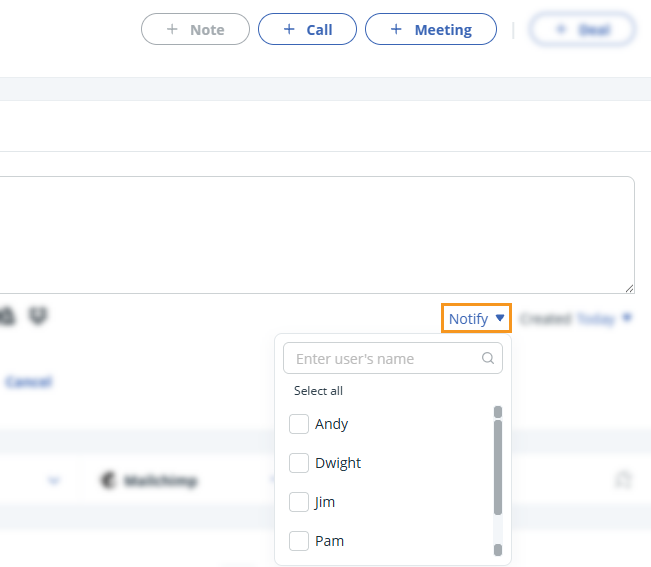 Contact | Notes | notify dropdown