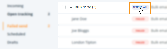 Email page | Failed send folder | Resend All bulk emails