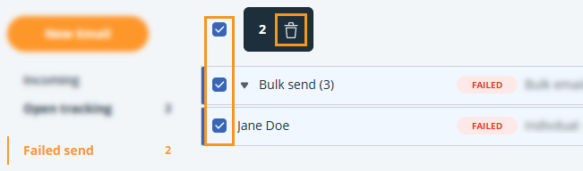 Email | Failed send | bin icon