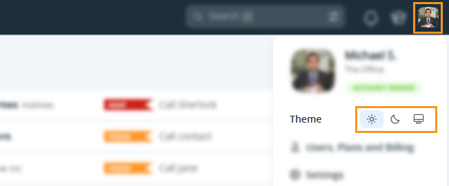 User/Profile icon | Theme settings
