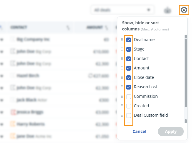 Pipeline | Deal list | Gear icon dropdown