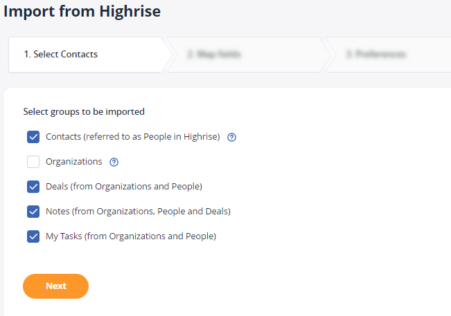 Import from Highrise | 1 Select contacts