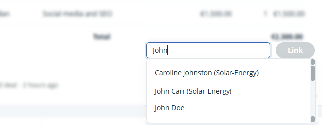 Contact | Deal | Link contacts to deal | Search bar