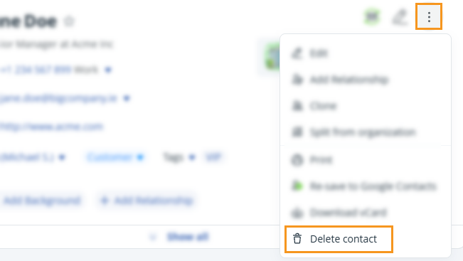 Contact profile | 3- dots menu | Delete contact